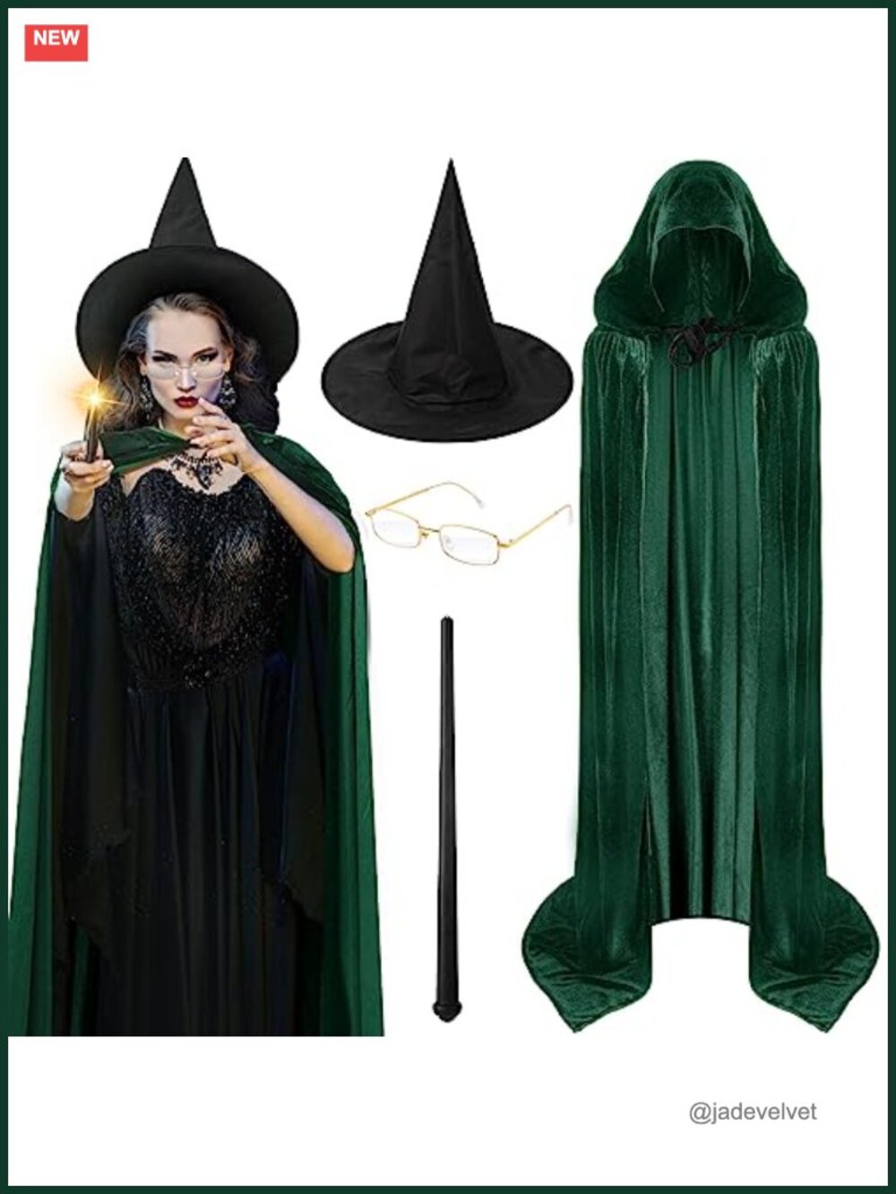 Witch Costume Set with Cape, Hat, Light-Up Wand, Glasses